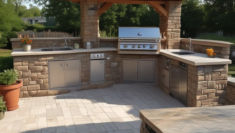 A cozy coffee shop counter with a geometric tile design. The countertop has various items such as a drink menu, a coffee machine, containers, and a 'self service' sign. The ambient lighting includes a pendant lamp with a warm glow, and there are wooden and concrete elements in the decor.