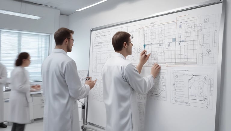 A dimly lit room features a prominent illuminated sign displaying the words 'Sysco LABS.' Below the sign are office desks with various electronic devices, including laptops and cables. The lighting creates a cool and professional atmosphere.