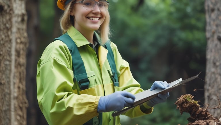A person wearing a bright red industrial jacket with reflective stripes and a white safety helmet. They are holding a book titled 'Occupational Safety and Health Act' against a plain blue background. The person is smiling and the jacket has a logo on the chest.