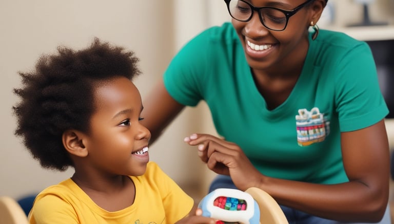 A caring therapist working with a family in a bright, welcoming room.