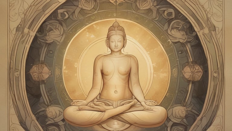 A person is seated in a meditative posture with hands placed on the chest and abdomen. The individual is draped in white, flowing fabric and is adorned with a ring and necklace. A soft, natural light filters through the curtains in the background. In the foreground, there are decorative bowls and what appears to be a piece of smudge stick resting on a small plate.