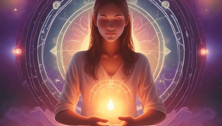 A person with long hair is sitting with their eyes closed and a gentle smile, wearing a light-colored shirt. Their hands are clasped together, resting on their chest, giving a serene and peaceful appearance. In the background, there is a soft-focus lamp, adding to the cozy atmosphere.