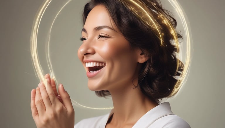A person with long hair is sitting with their eyes closed and a gentle smile, wearing a light-colored shirt. Their hands are clasped together, resting on their chest, giving a serene and peaceful appearance. In the background, there is a soft-focus lamp, adding to the cozy atmosphere.