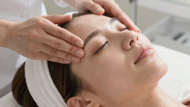 A smiling woman with smooth skin enjoying a relaxing facial treatment under soft lighting.