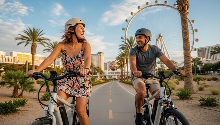 a happy couple take an e-bike-tour at the high roller