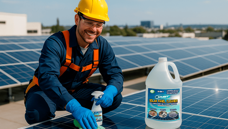 a man in a yellow safety vest cleaning a solar paneled roof