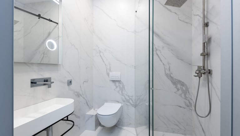 a bathroom with a toilet and a shower