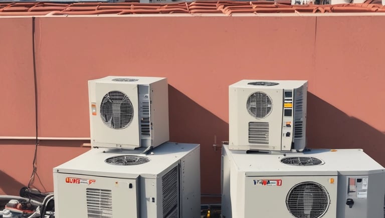 An outdoor air conditioning unit is mounted against a wall with a cracked and peeling surface. The unit displays a prominent TCL logo. Electrical cables are visible around the installation, with some pipes and barbed wire in the foreground, suggesting a secure or restricted area.