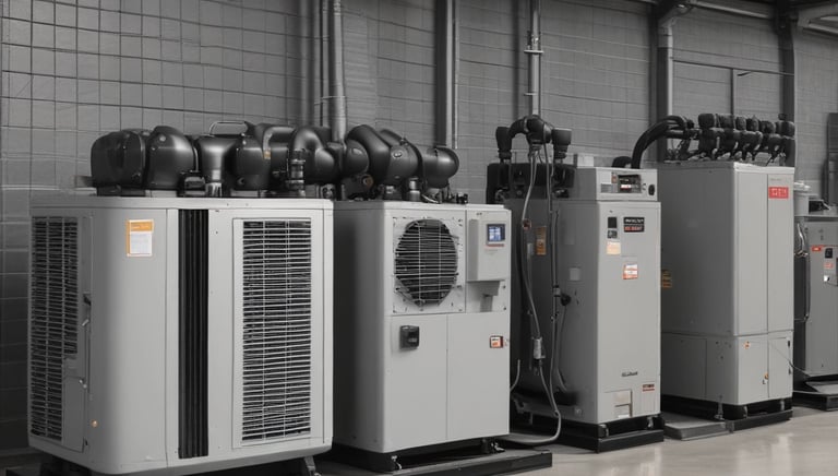 A series of air conditioning units are mounted on a metal structure outside a building with white paneling. Two large windows are visible behind the units, revealing the indoors with fluorescent lighting.