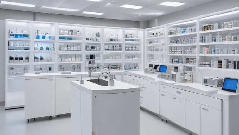 A collection of chemical reagents neatly arranged on a laboratory shelf.