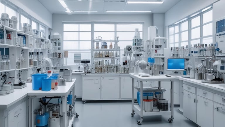 A clean laboratory setting with glassware and distillation equipment.