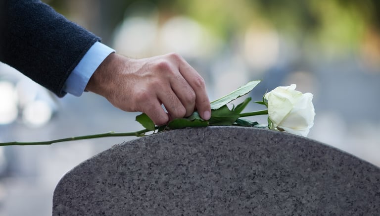 Suited hand neatly placing a single white rose on a gravestone symbolizing urgent remembrance