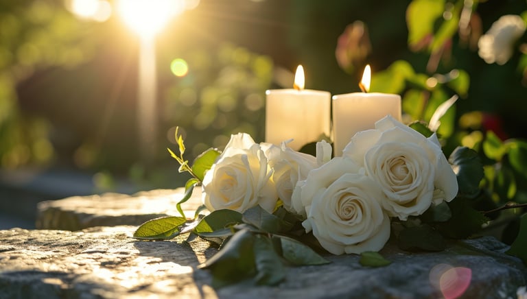 White roses and lit candles in soft sunlight on a stone surface representing memorial.