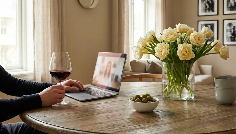 A person having a virtual wine tasting on a laptop with white tulips and olives on a wooden table.