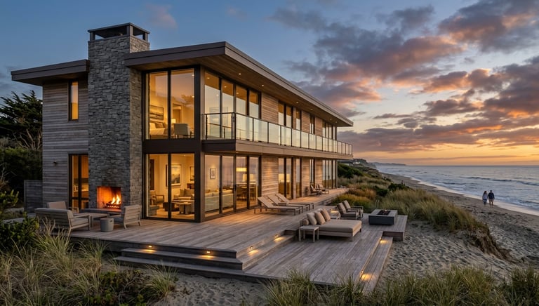 Luxury modern beachfront home with glass walls and stone fireplace at sunset.