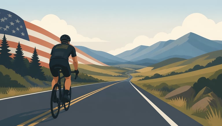A flat-style vector illustration of a cyclist on a long road, symbolizing the Soldier Ride. The desi
