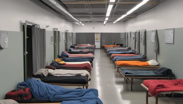 An outdoor shelter with a tiled roof stands on a paved area. It is supported by stone columns surrounded by greenery, including tall trees in the background. A blue painted low wall runs parallel to the shelter, adding a splash of color to the natural setting.
