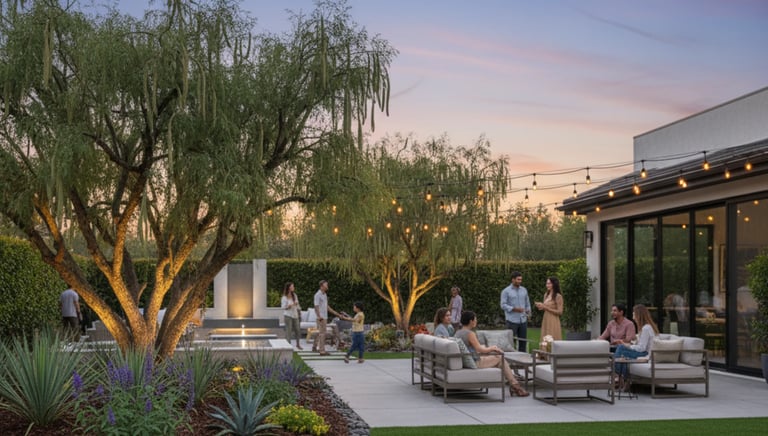 A family sitting together on a backyard patio surrounded by lush landscaping, enjoying the outdoor.