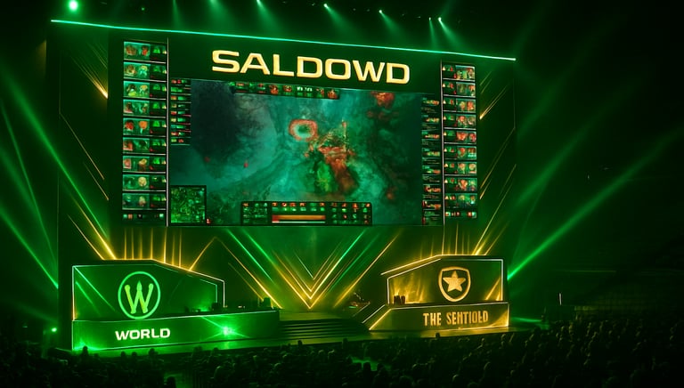 Panggung turnamen esports SALDOWD yang megah dengan layar raksasa dan tata lampu hijau spektakuler