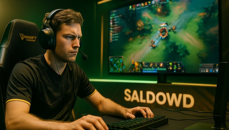 Seorang gamer profesional sedang fokus bertanding di depan monitor dengan brand SALDOWD