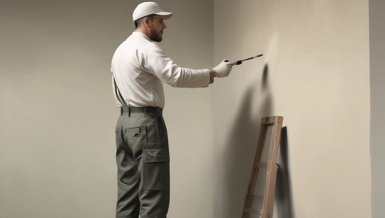 A professional painter applying bright paint to a living room wall.
