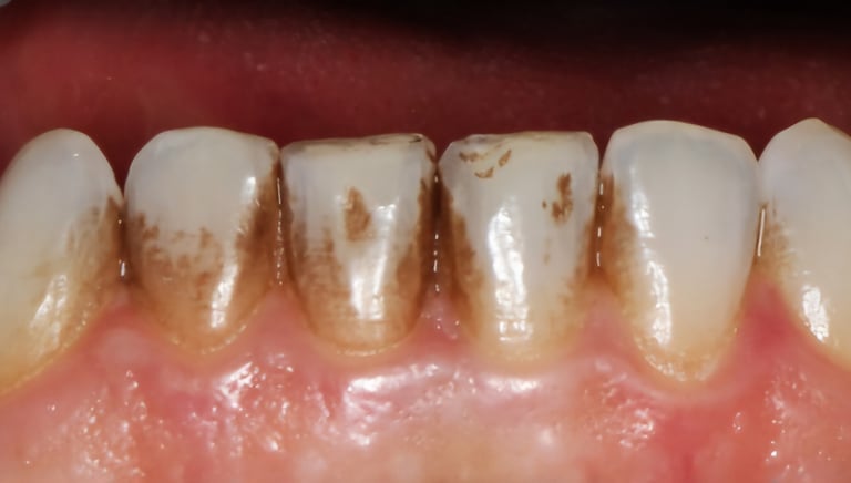  Before dental cleaning showing heavy stains buildup on lowerteeth in Shyamal Ahmedabad