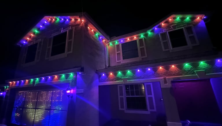 Govee outdoor lights glowing in multicolor holiday mode