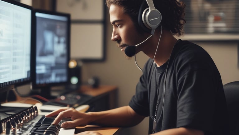 Inside a recording studio, several people are engaged in a relaxed and collaborative session. There are guitars positioned in a stand, a person with a baseball cap standing, two individuals sitting and conversing, one holding a guitar, and another working on a laptop. The room is equipped with audio equipment, including speakers and a mixing console.