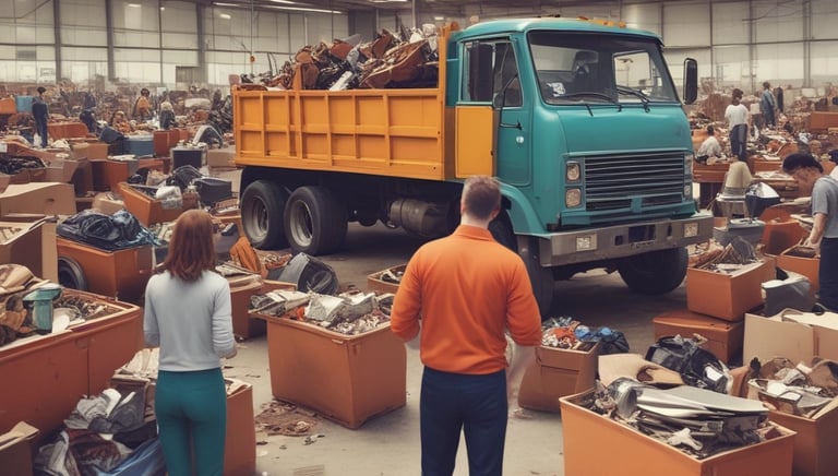 Metal recycling bins for different types of waste are placed in front of a wall with a window displaying posters. The wall also features signage with schedules and a label for the municipal museum. Lush green plants are partially visible on the right side.
