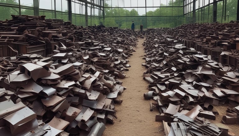 A large pile of assorted scrap metal and debris, including old vehicles, machinery parts, twisted metal sheets, and various other discarded items. The heap is situated next to a corrugated metal roof structure.