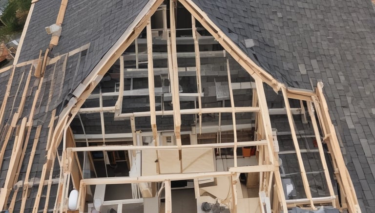 A construction worker installing roofing tiles on a residential house under clear sky.
