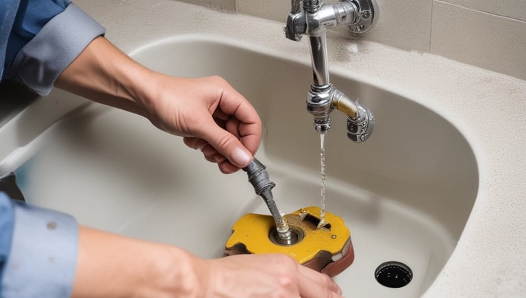 A small, old house with a rusted roof and white walls stands with a pile of gravel in front. Two men are working near the gravel, one holding a tool, and surrounded by scattered building materials. A large tree with green leaves is on the left side.