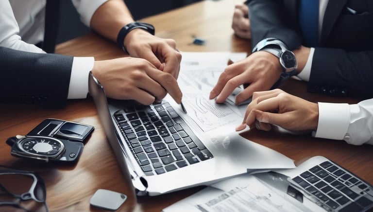 A modern office workspace with diverse professionals collaborating over digital devices and charts.
