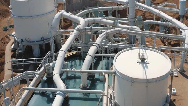 An aerial view of a wastewater treatment facility featuring eight large, rectangular sedimentation tanks arranged in two rows. Each tank contains circulating water, likely part of the treatment process. The tanks are surrounded by green grass, giving a structured and organized appearance.