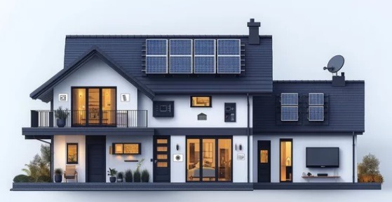 Illustration of eco-friendly smart home with solar panels & energy-efficient design for sustenance.