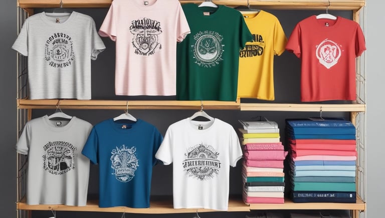 A vibrant market stall displaying a wide variety of colorful merchandise, including t-shirts with diverse prints, patterned fabric, handbags with creative designs, hats of different styles and colors, and an array of small figurines and souvenirs. The brick wall background adds to the rustic charm of the setting, while a bicycle partially visible on the side hints at the bustling activity around.