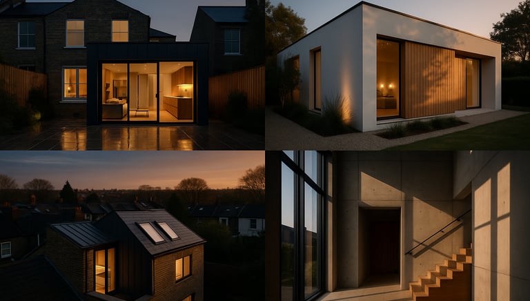 a series of photos of a house with a staircase leading up to the roof