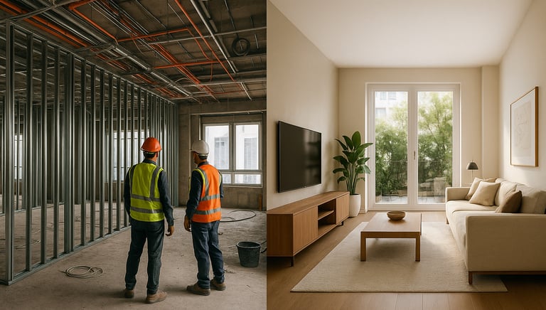 two men in safety vests standing in a living room  | Nour Nagy Designs