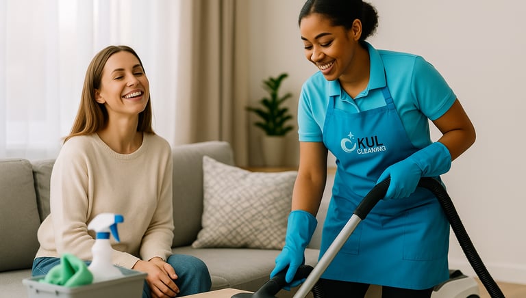 Kul Cleaning professional smiling while delivering eco-friendly cleaning services, leaving a satisfi