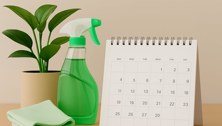 Eco-friendly cleaning products and flexible scheduling concept with a spray bottle, plant, and calen