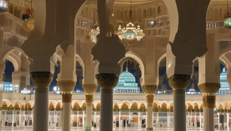 A large group of people, many dressed in traditional Islamic attire, are walking and gathering near a significant religious structure surrounded by elaborate architecture and lighting. The environment appears to be a holy site with a mix of modern and traditional elements.