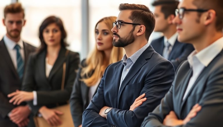 a group of business people standing in a row of suits