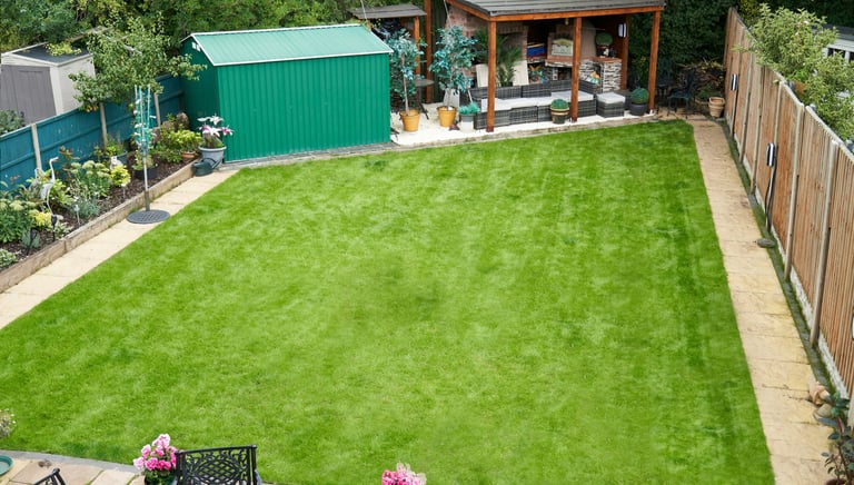 Freshly cut lawn in a well maintained norwich garden