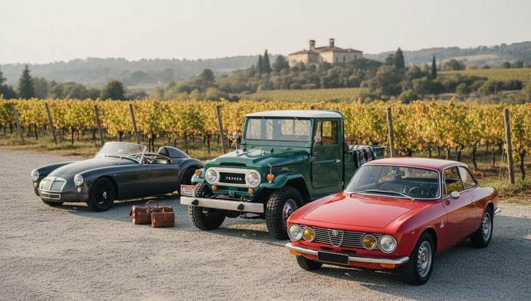 Side-by-side view of three vintage vehicles in an vineyard setting