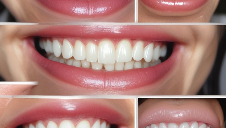 Before and after results of a teeth whitening procedure.
