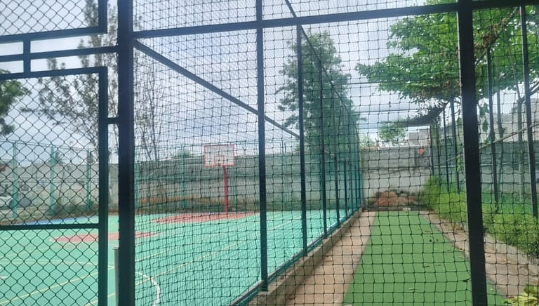 A vibrant cricket net setup on a sunny Bangalore ground with players practicing.