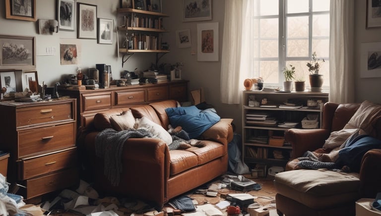A cluttered room being cleared out with boxes and furniture being removed.