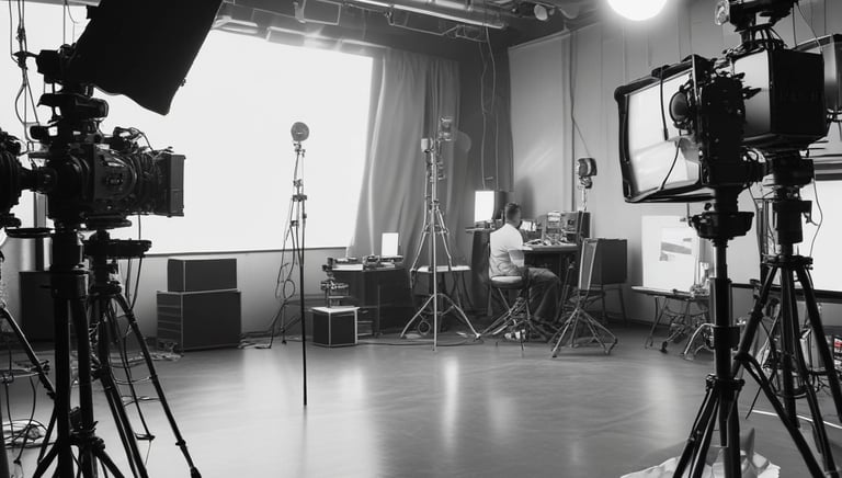 A group of people are involved in a filmmaking or video production setting. One person is holding a professional camera setup, complete with a monitor and various accessories. They appear focused on the camera's screen. In the background, there is a black backdrop, a bookshelf, and some lighting equipment.