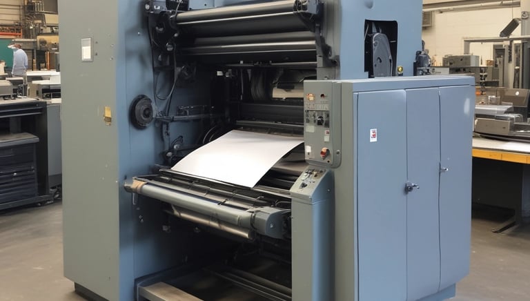 Two men are engaged in a manual screen-printing process in an industrial setting. They are using large screens to apply patterns onto fabrics. The environment appears to be a workshop with various tools and materials scattered around. Ambient lighting creates a focused but slightly dim atmosphere.