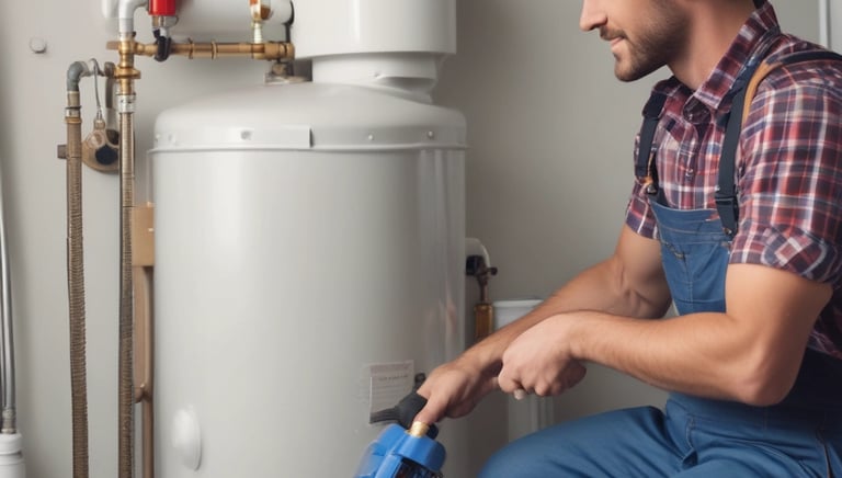 a plumber in overalls and overalls is using a handheld vacuum cleaner